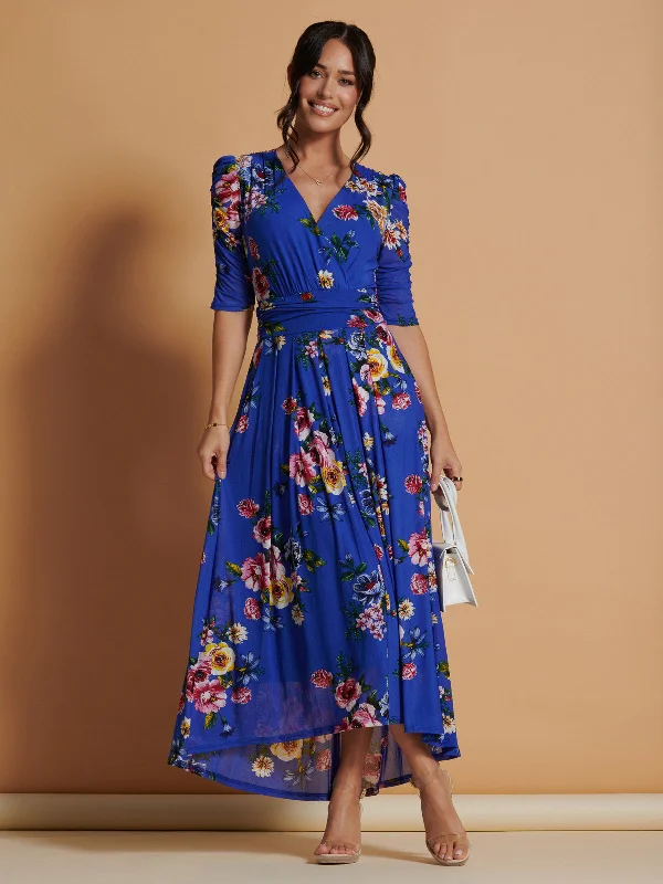 Haizley Floral Print Mesh Maxi Dress, Royal Multi Comfortable Flowy Maxi Dress