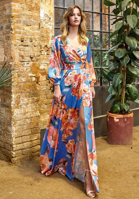 Herysa Long Sleeve Floral Maxi Dress, Blue & Orange Stylish Maxi Dress with Pleats