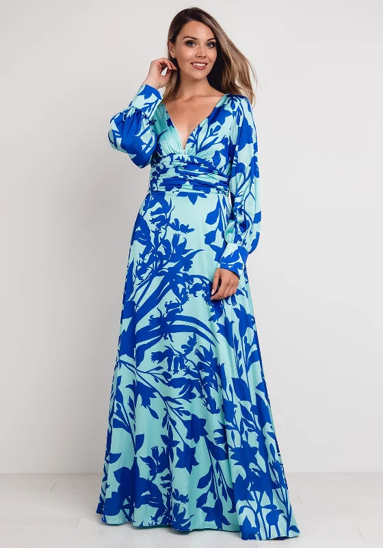 Herysa Printed Satin Maxi Dress, Aqua & Blue Comfortable Ruffle Hem Maxi Dress