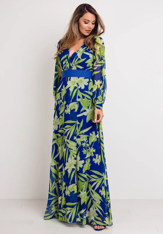 Herysa Tropical Floral Wrap Maxi Dress, Blue & Green Trendy Maxi Dress with Lace