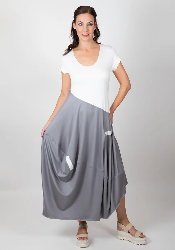 Inco Colour Block Casual Maxi Dress, Grey & White Fashionable Maxi Dress with Fringe