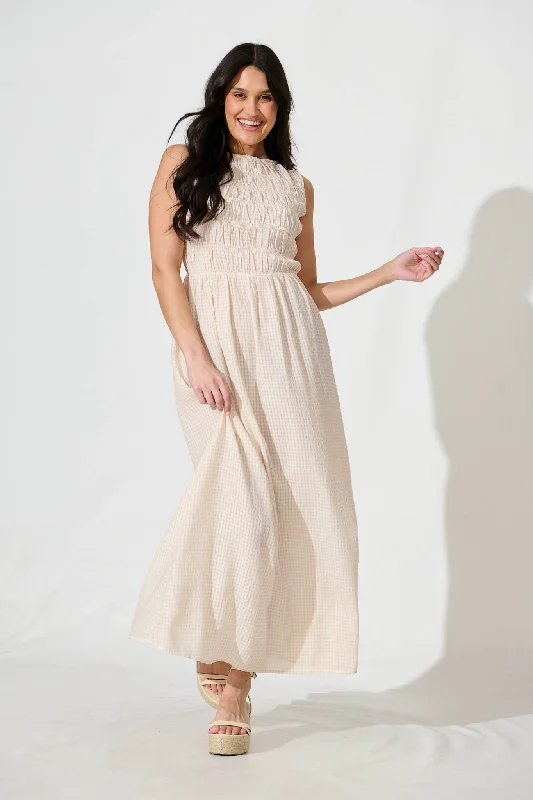 Ionia Maxi Dress in Beige and White Gingham Elegant Maxi Dress with Lace