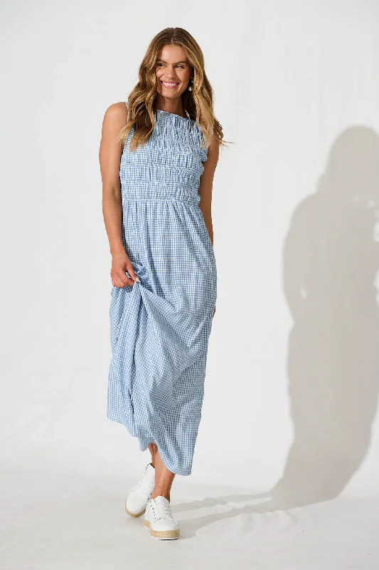 Ionia Maxi Dress in Blue and White Gingham Comfortable Fit-and-Flare Maxi Dress