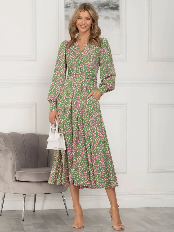 Jolie Moi Allyn Long Sleeved Maxi Dress, Green Animal Classic Tulle Maxi Dress