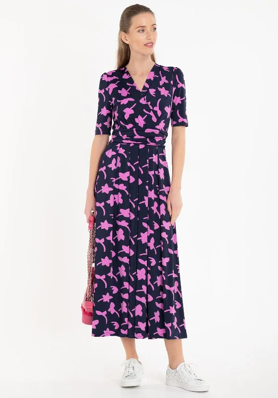 Jolie Moi Amaka Leaf Print Jersey Maxi Dress, Navy & Pink Stylish Long Sleeve Maxi Dress