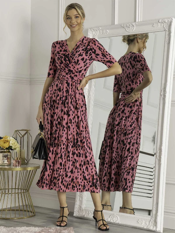 Jolie Moi Animal Print Wrap Neck Maxi Dress, Pink Animal Chic Off-Shoulder Maxi Dress