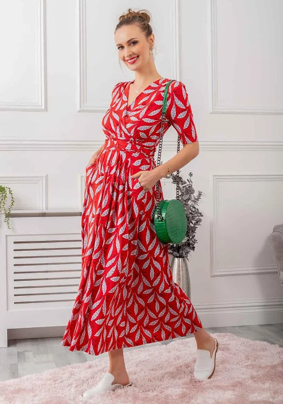 Jolie Moi Coleen Printed Maxi Dress, Red Leafy Fashionable Faux Wrap Maxi Dress