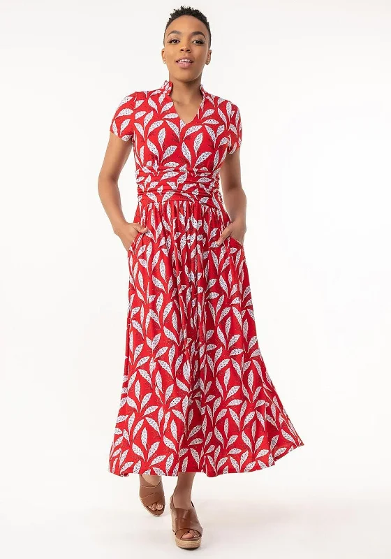 Jolie Moi Marbouka Leaf Print Maxi Dress, Red Multi Elegant Pleated Maxi Dress