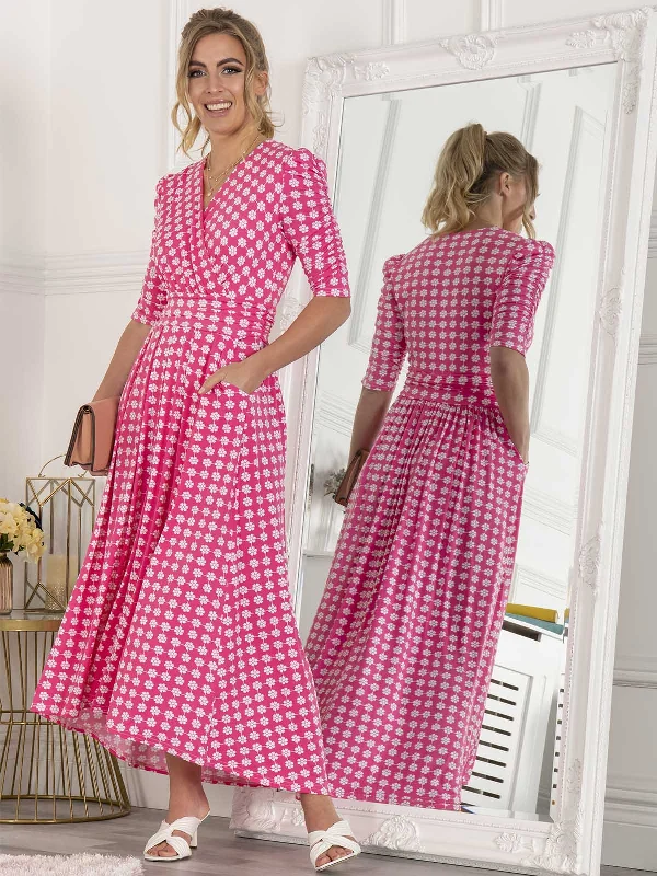 Jolie Moi Elenora Ruched Sleeve Maxi Dress, Pink Pattern Stylish Maxi Dress with Pleats