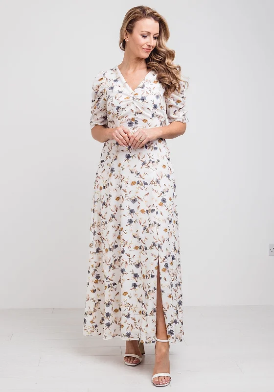 Jolie Moi Floral Open Back Maxi Dress, Cream Elegant Lace-Up Maxi Dress