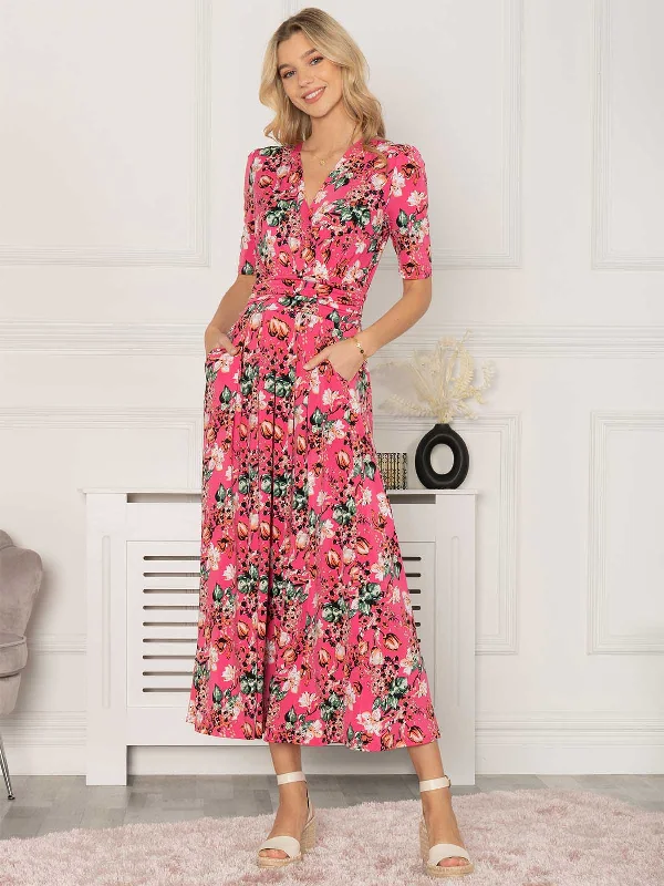 Jolie Moi Gillian Floral Maxi Dress, Cerise Elegant Maxi Dress with Belt