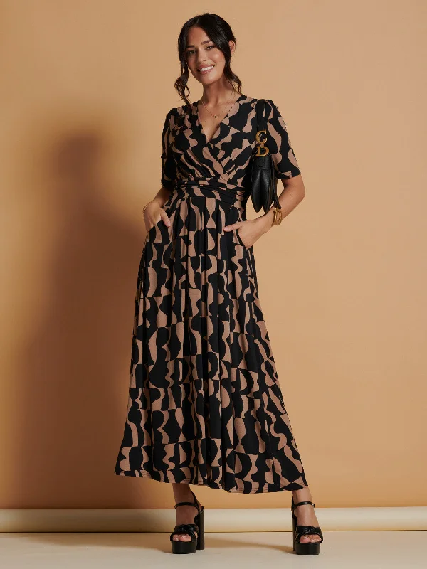 Jenny Printed Maxi Dress, Brown Pattern Stylish A-Line Maxi Dress