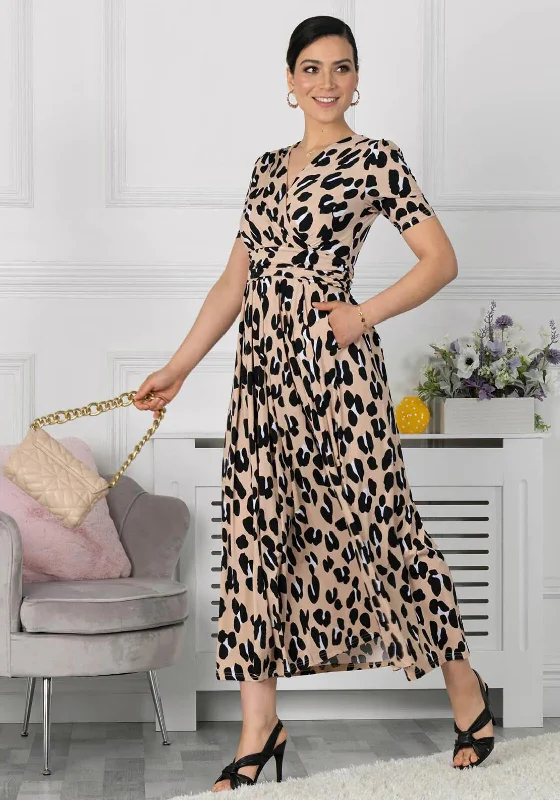 Jolie Moi Kiera Animal Print Maxi Dress, Camel Comfortable Maxi Dress with Slits