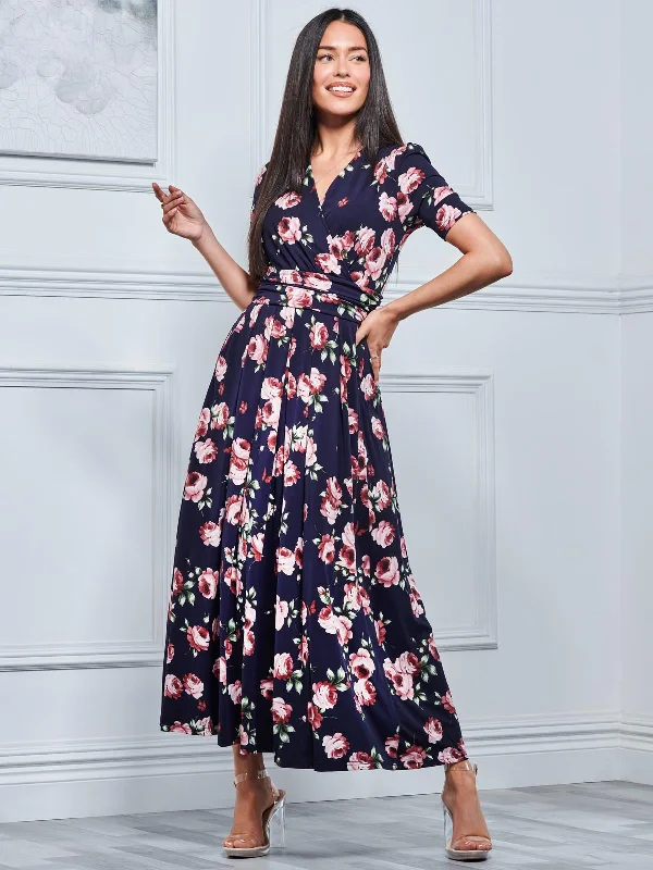 Kiera Wrap Front Maxi Dress, Navy Floral Fashionable Printed Maxi Dress