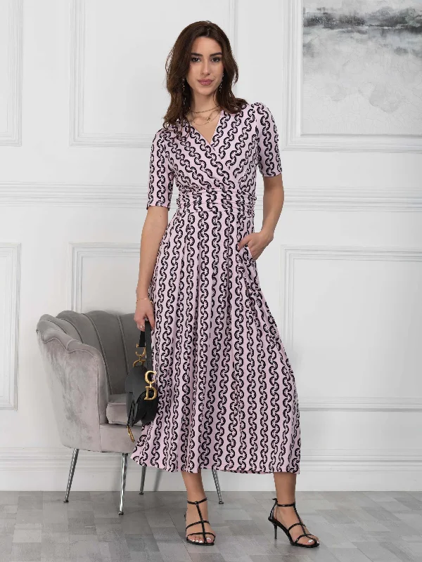 Jolie Moi Molly Geo Print Maxi Dress, Pink Geo Stylish Off-Shoulder Maxi Dress