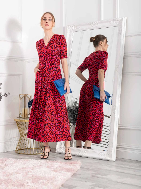 Jolie Moi Oakley Animal Print Wrap Maxi Dress, Red Animal Elegant Floral Maxi Dress