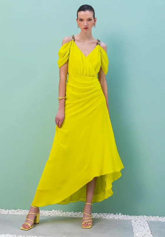 Kameya Bead Strap Cold Shoulder Maxi Dress, Yellow Comfortable Bohemian Maxi Dress