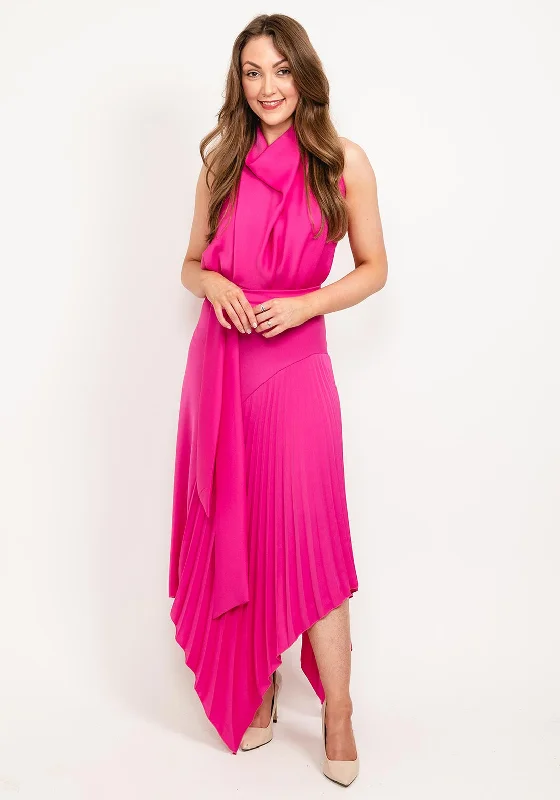 Kevan Jon Perla High Neck Pleat Maxi Dress, Fuchsia Trendy V-Neck Maxi Dress