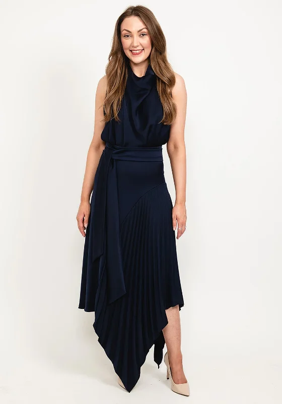 Kevan Jon Perla High Neck Pleat Maxi Dress, Navy Trendy Off-Shoulder Ruffle Maxi Dress