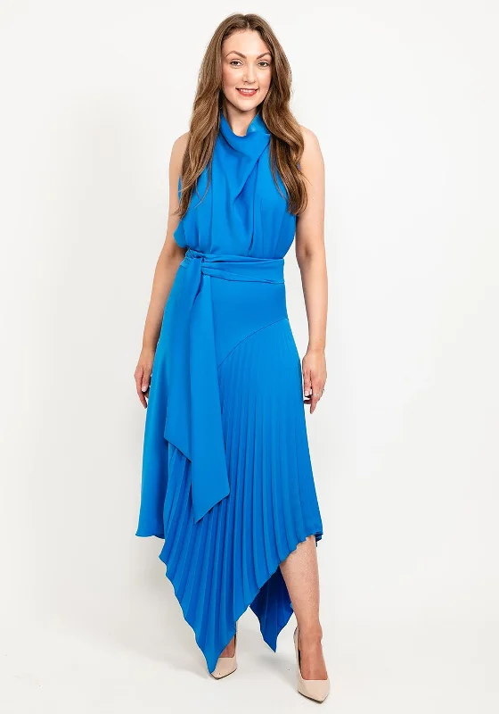 Kevan Jon Perla High Neck Pleat Maxi Dress, New Blue Cozy Ruffle Sleeve Maxi Dress