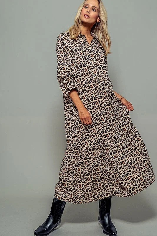 Leopard Maxi Dress Comfortable Long-Sleeve Maxi Dress