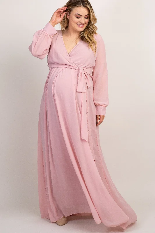 Light Pink Chiffon Long Sleeve Pleated Plus Maternity Maxi Dress Trendy Off-Shoulder Ruffle Maxi Dress