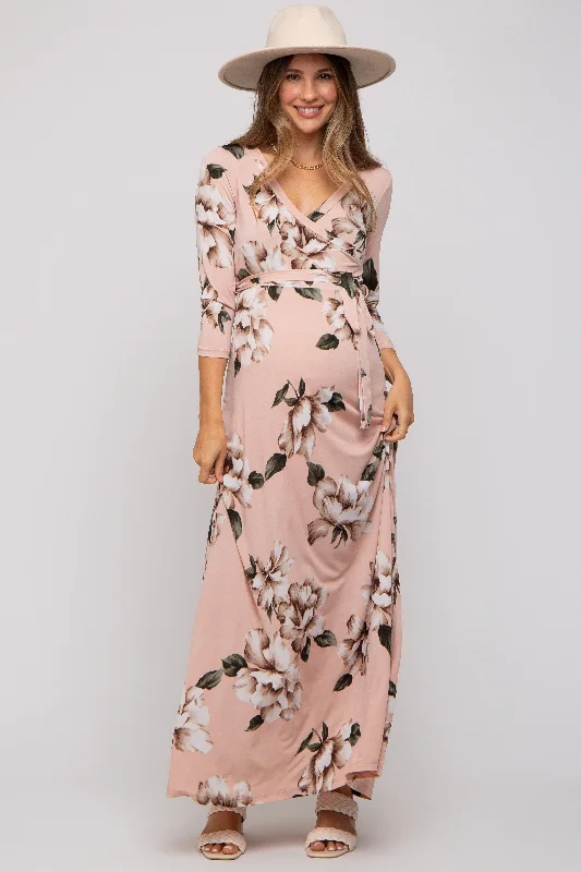 Light Pink Floral Wrap Maternity Maxi Dress Comfortable Ruffle Maxi Dress