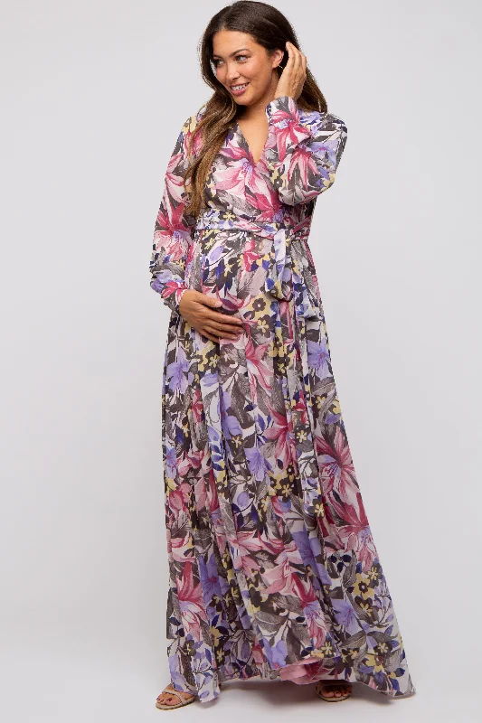 Mauve Floral Chiffon Wrap Front V-Neck Long Sleeve Maternity Maxi Dress Comfortable Fit-and-Flare Maxi Dress