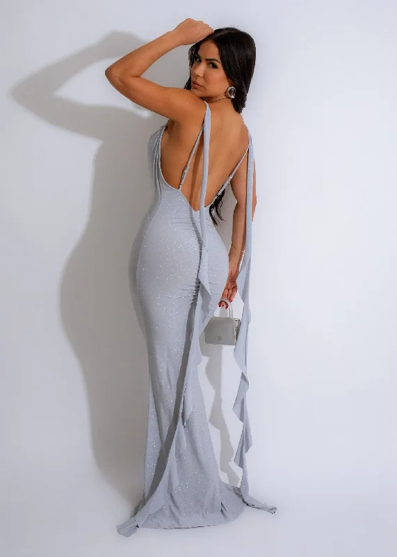 Midnight Cascade Ruched Maxi Dress Grey Cozy Cold-Shoulder Maxi Dress