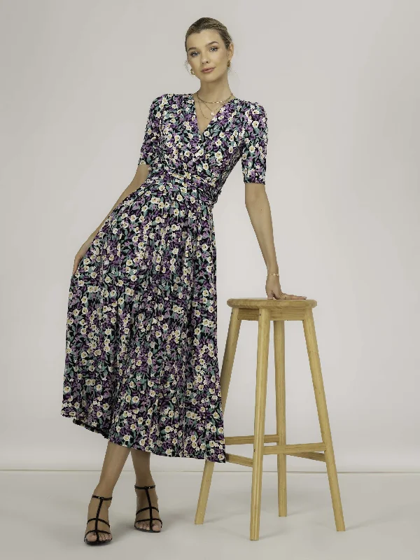 Molly Jersey Maxi Dress, Purple Floral Chic Button-Up Maxi Dress