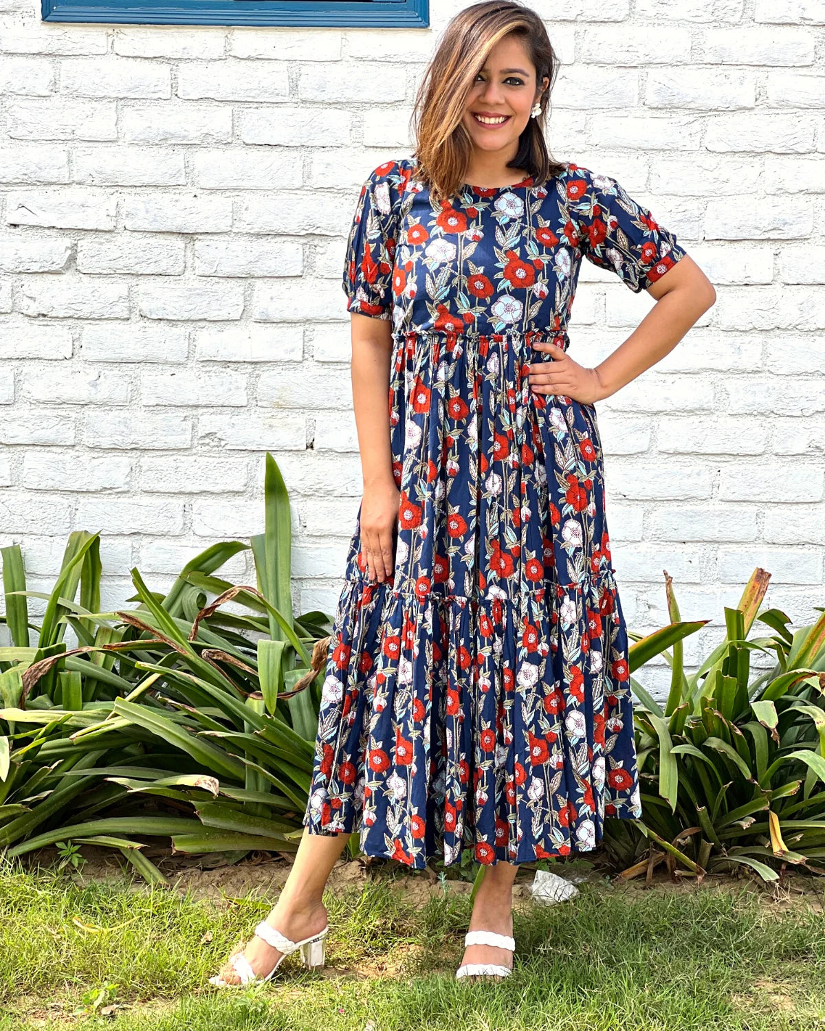 Navy Printed Tiered Cotton Maxi Dress Elegant Maxi Dress with Belt