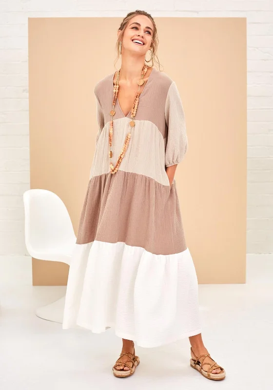 Naya Ombre Panel Smock Maxi Dress, Beige Classic Solid Maxi Dress