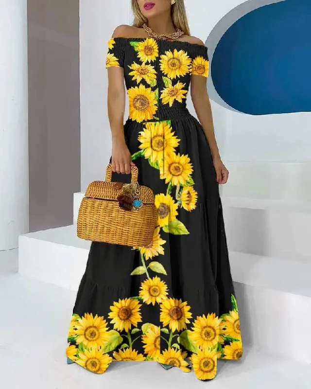 OFF SHOULDER SUNFLOWER PRINT SHIRRED MAXI MID LENGTH MAXI DRESS Comfortable Satin Maxi Dress