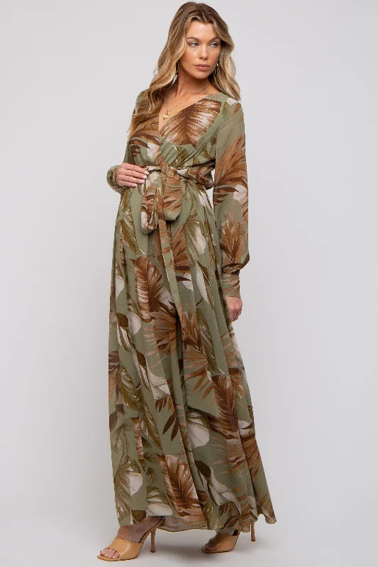 Olive Palm Print Chiffon Wrap Front V-Neck Long Sleeve Maternity Maxi Dress Cozy Knit Maxi Dress