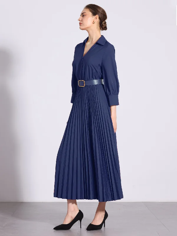 Collar V Neck Belted Dressy Casual Pleated Maxi Dress Stylish Long Sleeve Maxi Dress