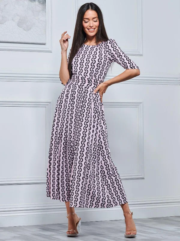 Pauline Sleeved Maxi Dress, Pink Pattern Trendy Printed Maxi Dress