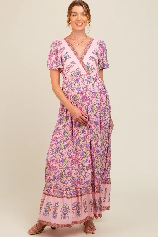 Pink Floral Border Printed Woven Short Sleeve V-Neck Maternity Maxi Dress Elegant Maxi Dress with Ruffles