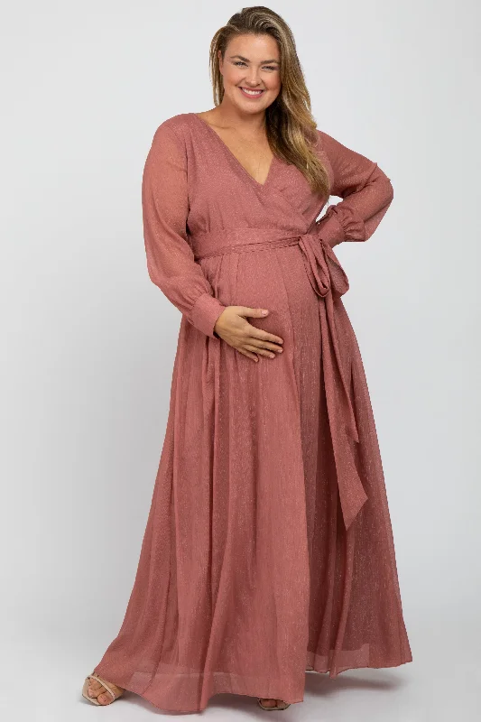 Pink Metallic Chiffon Maternity Plus Maxi Dress Elegant Maxi Dress with Lace