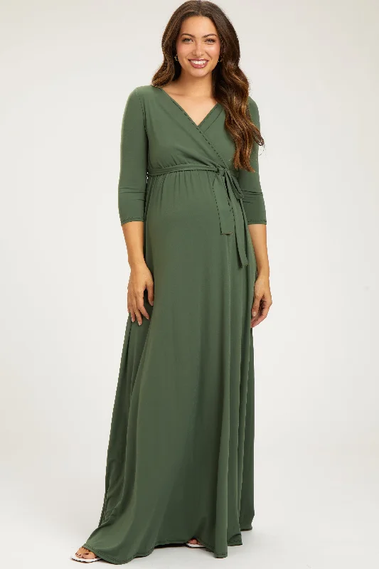 PinkBlush Light Olive Draped 3/4 Sleeve Maternity Maxi Dress Cozy Knitted Maxi Dress