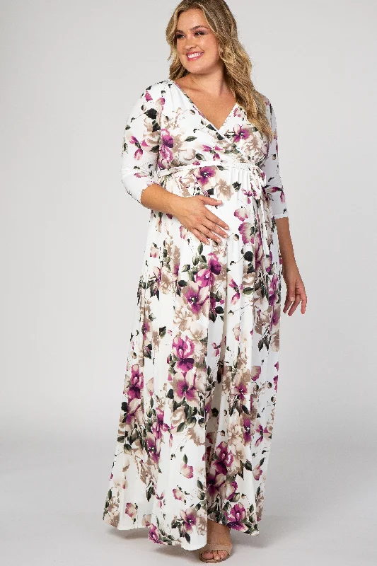 PinkBlush White Floral Plus Maternity/Nursing Wrap Maxi Dress Chic Summer Floral Maxi Dress