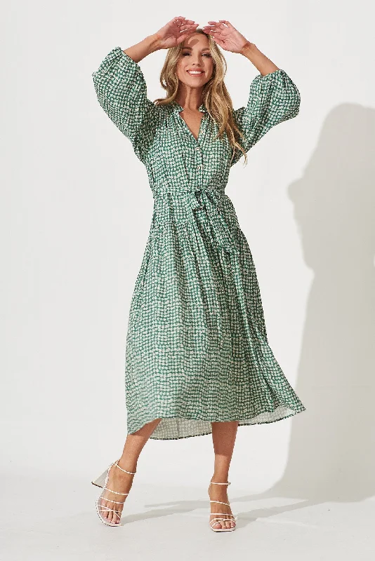 Pippa Maxi Dress In Green With Cream Print Chic Boho Print Maxi Dress