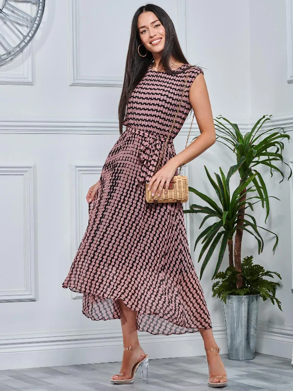 Pleated Chiffon High-Low Maxi Dress, Pink Geo Stylish Long Sleeve Maxi Dress