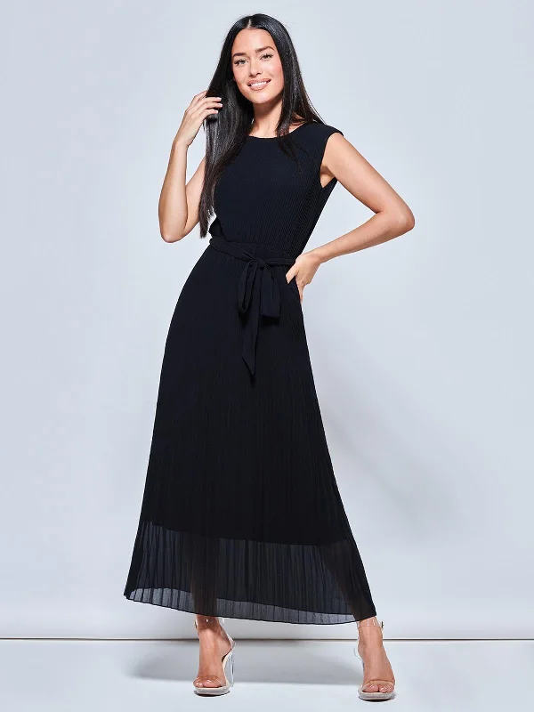 Pleated Chiffon Sleeveless Maxi Dress, Black Cozy Ruffle Sleeve Maxi Dress