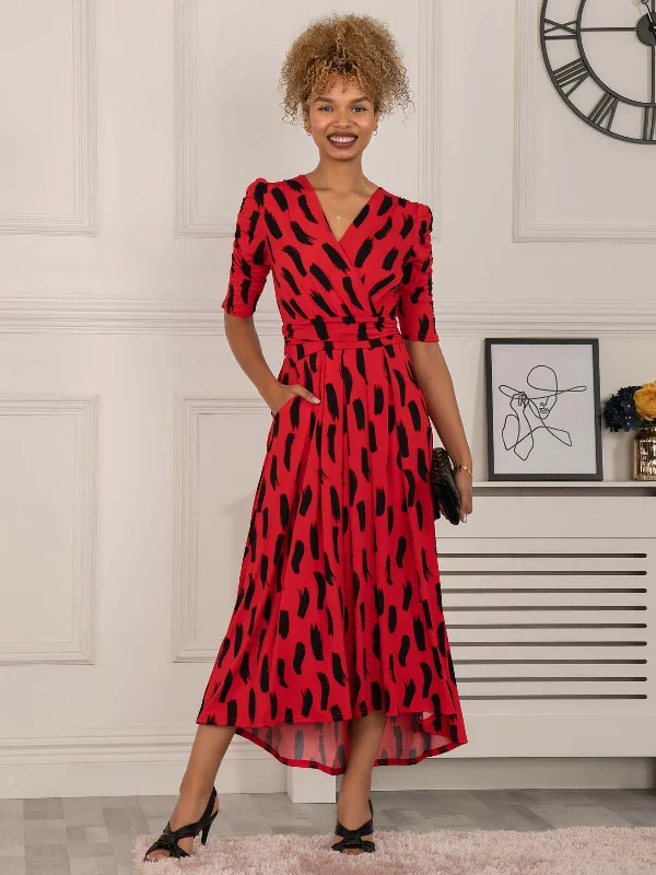 Quanna Stroke Print Jersey Maxi Dress, Red Fashionable High-Low Maxi Dress