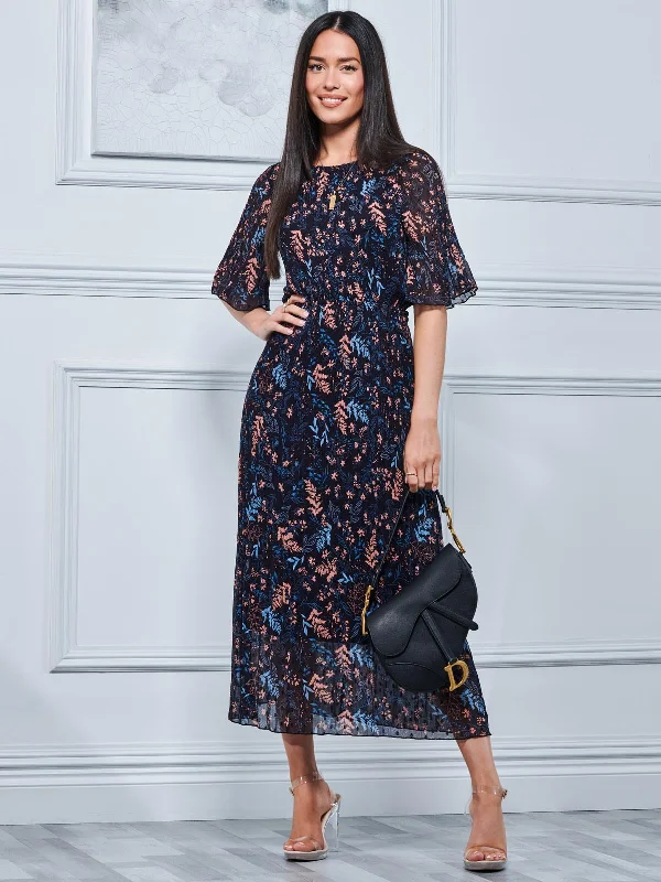 Quida Chiffon Pleated Maxi Dress, Navy Floral Fashionable Button-Down Maxi Dress