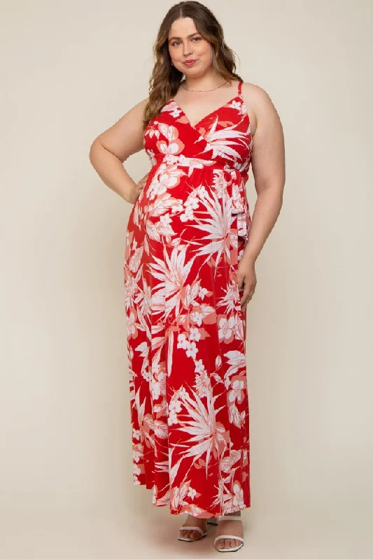 Red Floral Palm Print Wrap Maternity Plus Maxi Dress Cozy Knit Maxi Dress