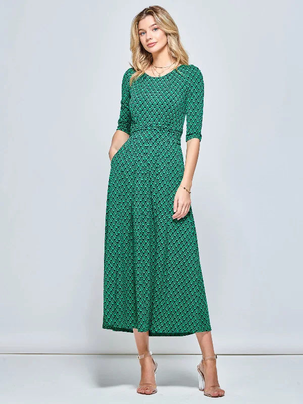 Round Neck Sleeved Jersey Maxi Dress, Green Geometric Cozy Ribbed Maxi Dress