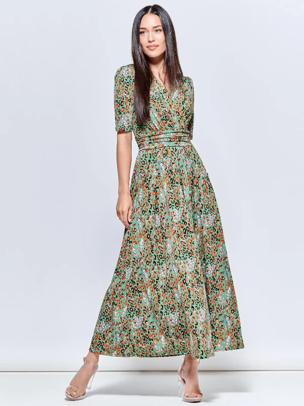 Saniya Print Jersey Maxi Dress, Green Animal Casual Maxi Dress with Pockets