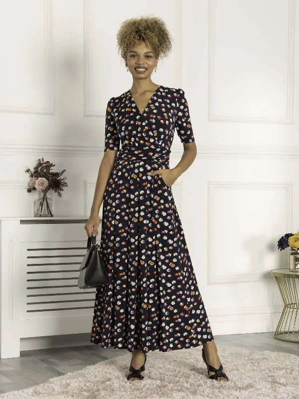 Saniya Print Jersey Maxi Dress, Navy Daisy Trendy Button Front Maxi Dress