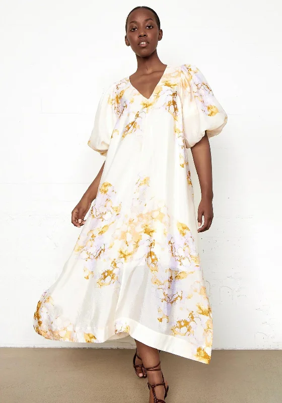 Second Female Angelica Puff Sleeve Maxi Dress, Cream Multi Chic Button-Up Maxi Dress